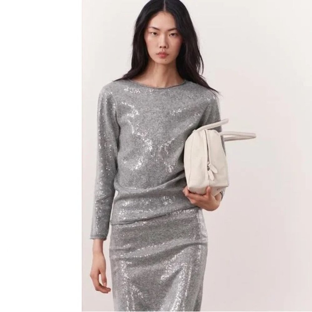 Zara Sequined Knit Sweater Gray NWT